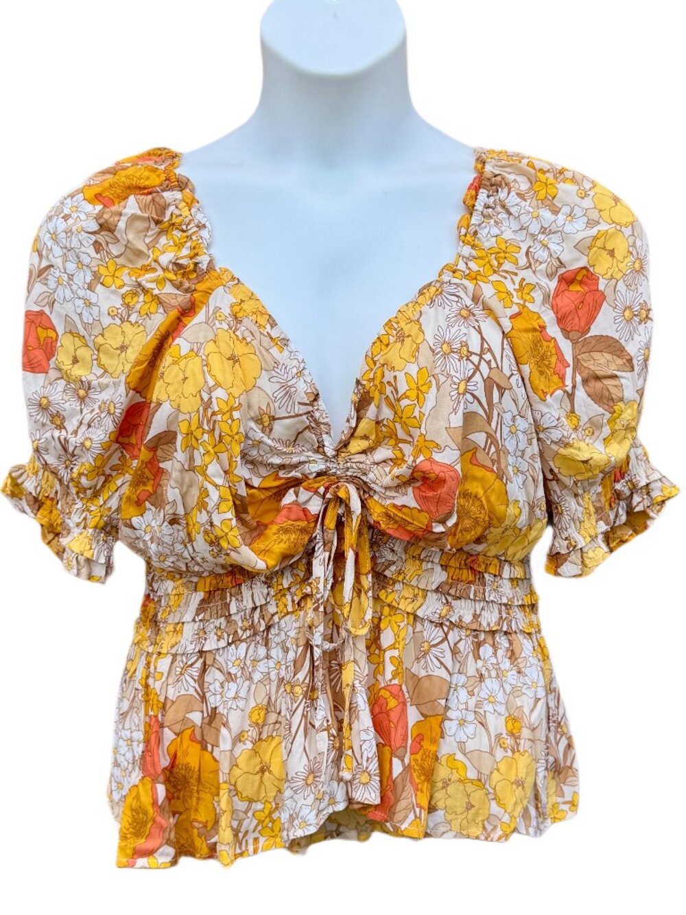 Cropped Milkmaid Top Size 18/20W Yellow Floral Puff Sleeve Smocked Waist Cato
